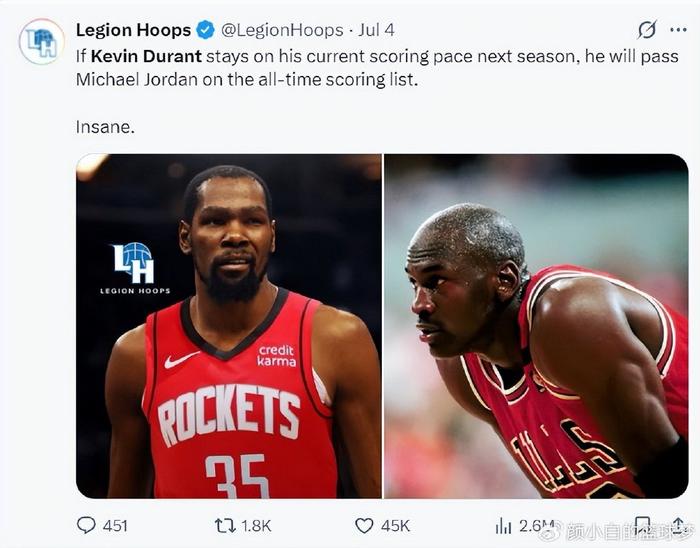 KD打SG将创纪录？美媒晒差1721分超乔丹：1数据历史唯一得分手